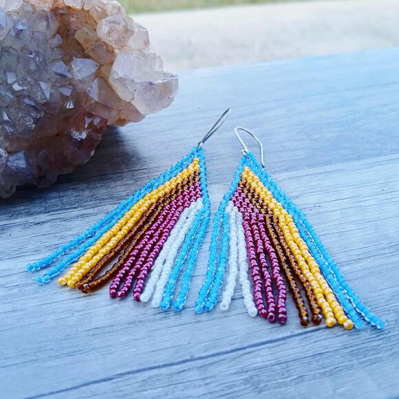Retro Beaded Fringe Cascade Dangle Earrings, Boho Statement Artisan, 3.5" - Picture 4 of 7